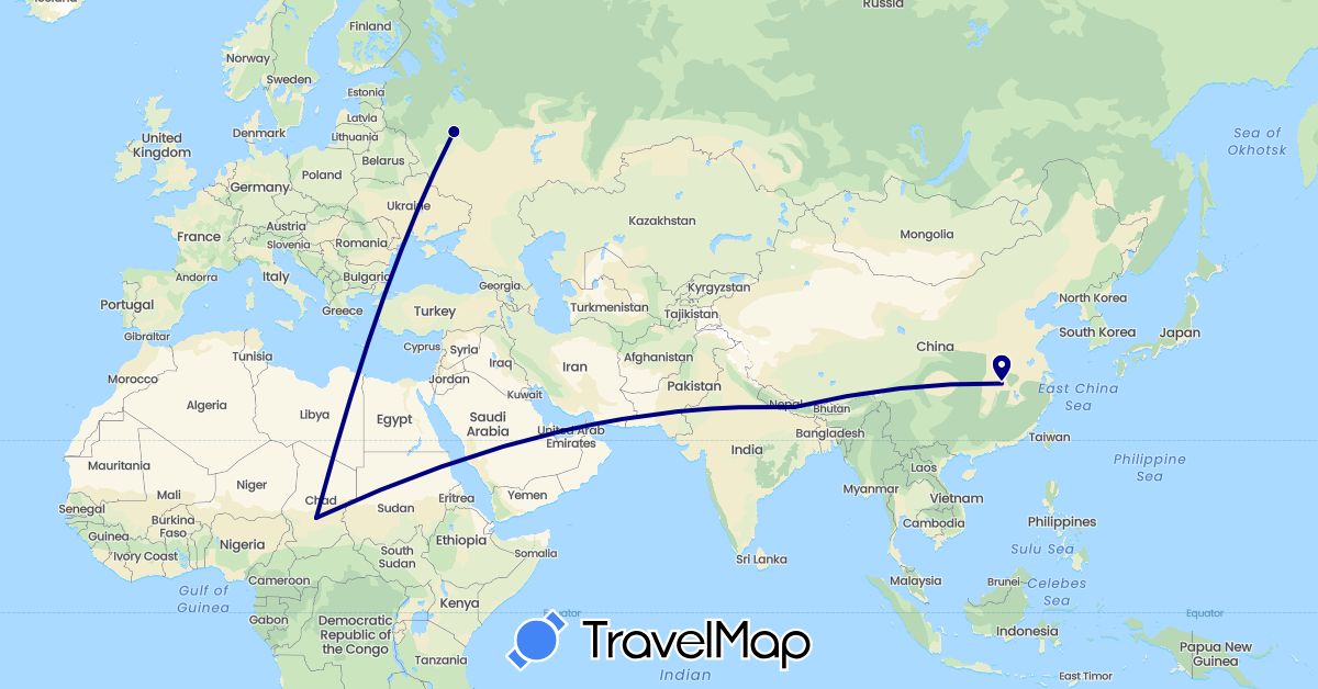 TravelMap itinerary: driving in China, Nepal, Russia, Chad (Africa, Asia, Europe)